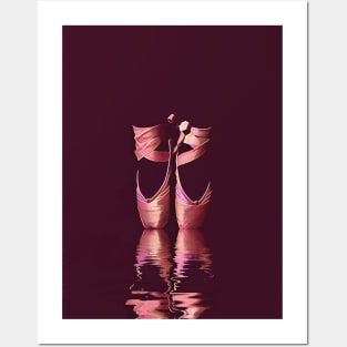 Minimal Pink Ballet Pointe Shoes on Ballerina Feet Classically Dancing on Water with Grace and Reflection Posters and Art